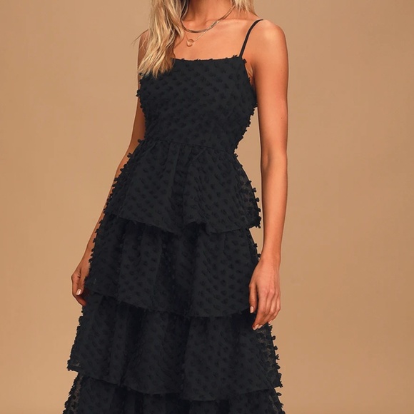 Lulus Flirting With You Black Tiered Pom Pom Midi Dress - Size S - Picture 2 of 7